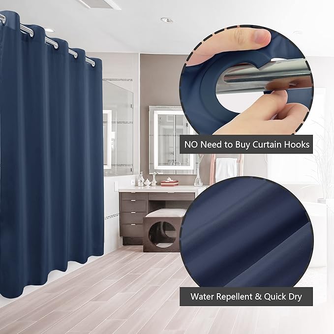 River Dream No Hook Hotel Cloth Navy Blue Shower Curtain Soft Microfiber & Waterproof - Fabric Shower Curtain or Liner Washable, Navy Blue, 71x74