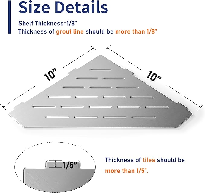 Corner Shower Shelf 10" Brushed 304 Stainless Steel Pentagonal Heavy Duty Floating Corner Shelf Slot Design Recessed Bathroom Shelf for Tiled Wall, No Drilling Needed