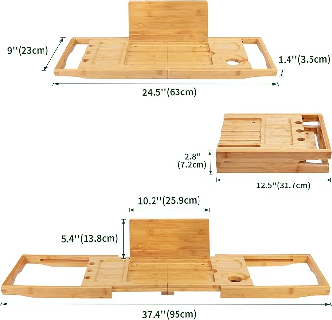 Utoplike Bamboo Bathtub Caddy Tray Bath Tray for Tub, Adjustable Bathroom Bathtub Organizer with Book Tablet Wine Glass Cup Towel Holder (24.5"-37.4")