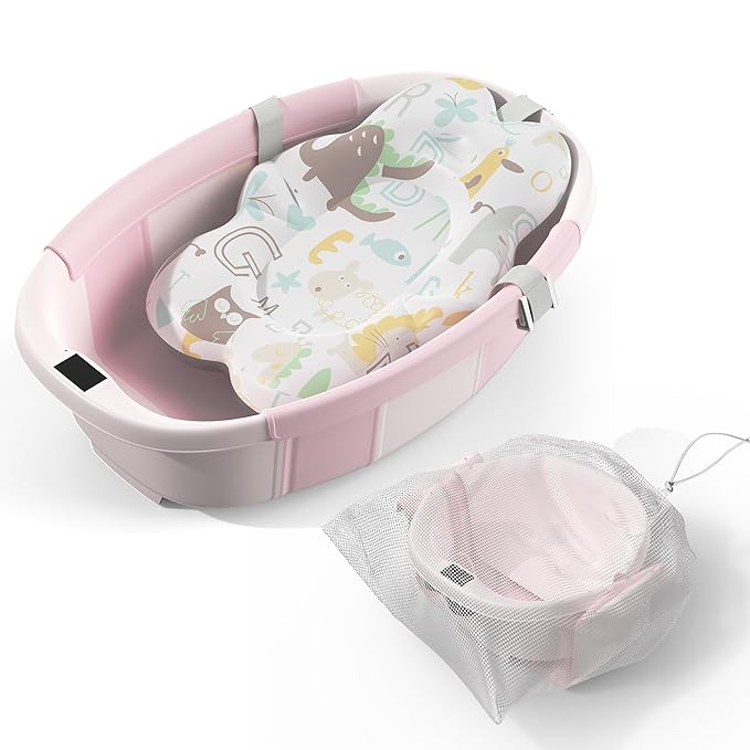 Collapsible Baby Bathtub, 3s to Install, Baby Bath Tub with Soft Cushion & Thermometer, 0-36 Months Newborn Bathtub,Portable Travel Baby Tub, Pink