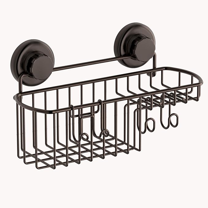 HASKO Shower Caddy Suction Cup with Hooks & Soap holder, Shower Shelf, Bathroom Storage Organizer, Rustproof Shampoo Holder, Bronze