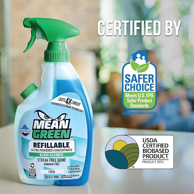 Mean Green Refillable Ultra Powered Glass Cleaner Concentrate, Fresh Scent, 14.3 fl oz (2-Pack) – Plant & Mineral Based, Streak-Free Shine, Refillable Bottle Makes 4X Refills
