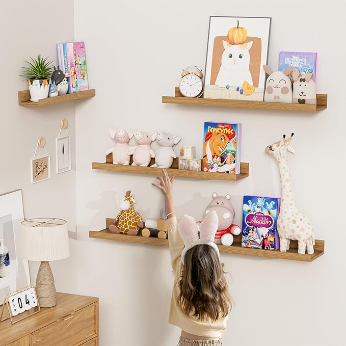 Heimlove Floating Shelves Set of 6, 24" Wall Mounted Picture Ledge, Display Shelf Organizer for Decor Storage, Wall Mounted Shelves for Living Room, Bedroom, Bathroom, Kitchen (Oak)