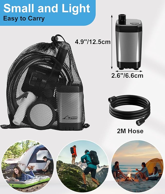 WADEO Portable Camping Shower, 6000mAh Rechargeable Shower Pump, Filtered Shower Head & 5 Gallons Foldable Bucket, Outdoor Shower for Hiking Beach, Travel, Pet Bath, Car Washing, Surf & Boat Cleaning