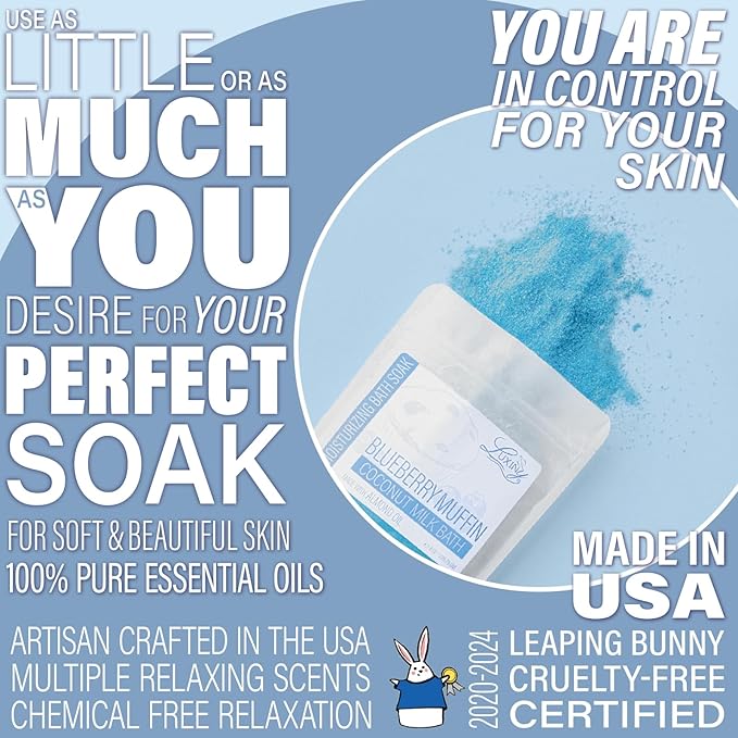 Luxiny Vegan Milk Bath Soak Made with Moisturizing Coconut Milk Powder & Sweet Almond Oil for a Bath Bomb Dust Soothing Fizz & Relaxing Soak, 8 oz. (Blueberry Muffin)