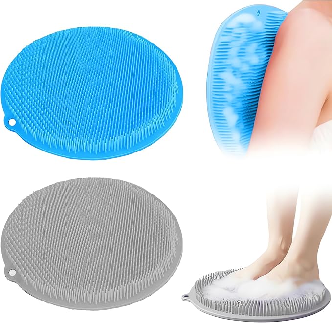2 Pack Shower Foot Scrubber & Shower Back Scrubber Wall Mounted with Delicate Brush,Circular Design Shower Back Scrubber,Non-Slip Foot Scrubber Mat(Grey and Blue)