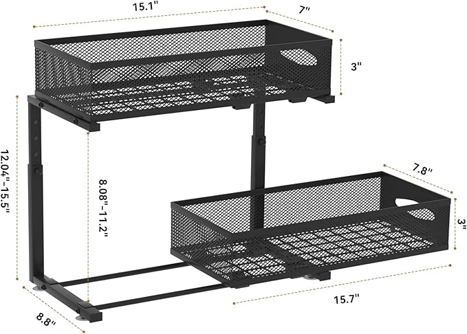2 Pack Under Sink Organizer,2 Tier Pull Out Sink Shelf,Cabinet Organizer Shelves,Under Sink Shelf,Metal Sliding Drawer Storage for Kitchen Bathroom,Height Adjustable,Black
