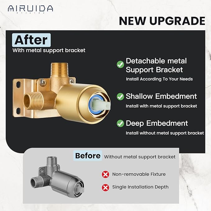 Airuida Square Single-Function Brass Faucet Shower Rough-in Valve Male Thread Bathroom Trim Kit Single Handle Tub Shower Valve 4.3 Inch Cover Plate Brushed Gold