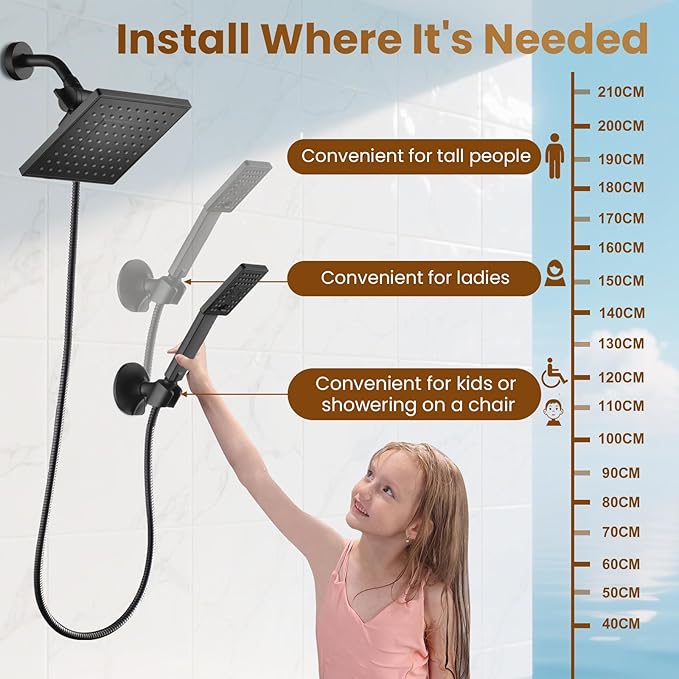 BRIGHT SHOWERS Rain Shower Head with Handheld Spray, High Pressure Square Showerhead Combo with Rainfall & Handheld, Detachable Dual Shower with Anti-Clog Nozzles, 60" Hose, Matte Black
