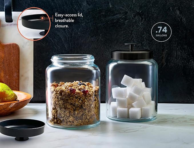 KooK Glass Kitchen Canister Set, Food & Storage Containers for Pantry, Bathroom Apothecary Jars, Tinplate Lids, Counter Organizers, 0.74 Gallon, Black, Set of 2