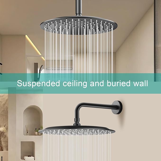 All Metal Rain Shower Head - Heavy Duty Stainless Steel, Easy Install, High Water Flow, Ultra-Thin Modern Design for Bathroom (D-Matte Black, 12)