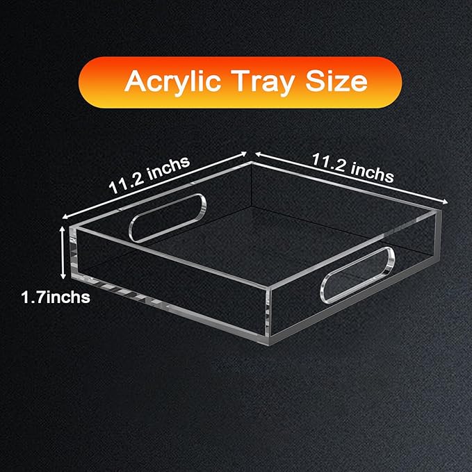 Acrylic Organizers Tray, Acrylic Tray for Ottoman, Serving Tray with Handle, Lucite Tray Organizer for Bench, Coffee Table Countertop, Kitchen, Bathroom, Living Room, Powder Room