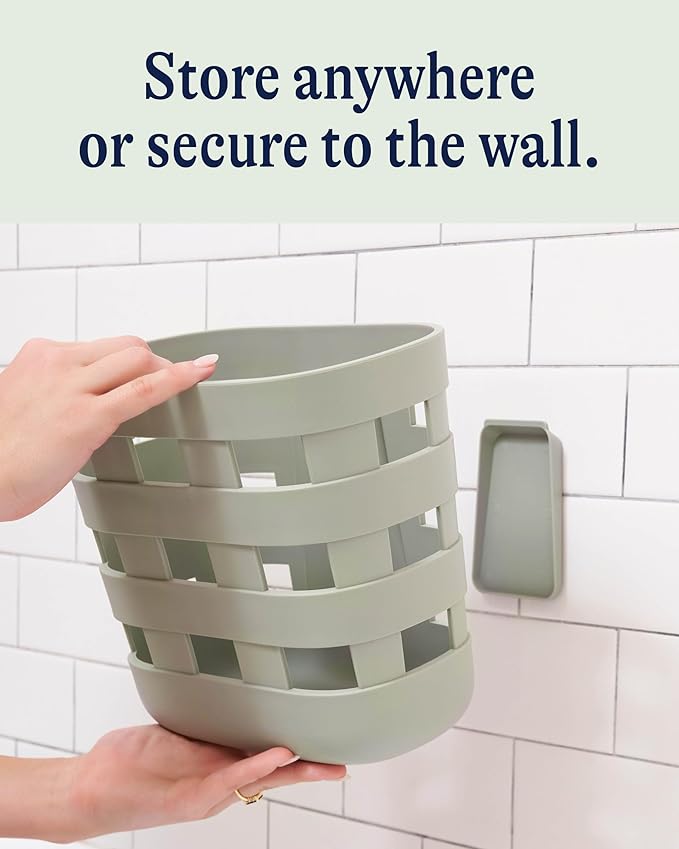 Lalo Bath Time Storage Bin - Keep Items Organized & Dry with Non-Toxic Plastic, Easy Cleanup, Removable Drying Bin, Woven Baby Organizer, Secure Wall Attachment, 9 x 5.5 x 8.5 in - Sage