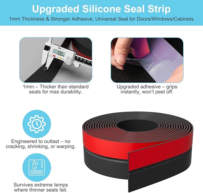 Heavy-Duty 20 ft x 2 in Weather Stripping, Door Draft Stopper Silicone Seal Strip for House and Glass Shower Doors for Collision and Side Gaps of Door and Windows, Black
