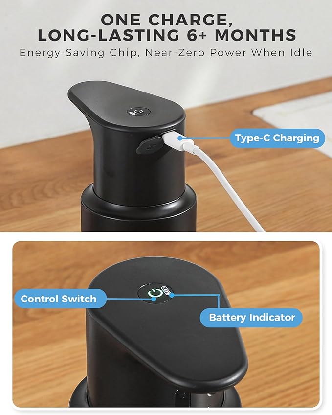Automatic Foaming Soap Dispenser Touchless, 304 Stainless Steel Bottle Body & 16.2oz/480ml,USB Rechargeable, 3 Adjustable Liquid Levels, IPX7 Waterproof, for Kitchen Bathroom, Black