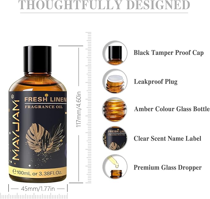 MAYJAM 100ML/3.38FL.OZ Fresh Linen Fragrance Oils with Glass Dropper, Essential Oils for Diffusers for Home, Long Lasting Scented Oils for Diffusers Soap Candle Making