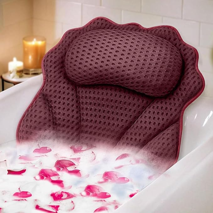 Bath Pillow RUVINCE Ergonomic Luxury Bathtub Pillow with Head,Neck, Shoulder and Back Support, 4D Bath Pillows for tub with 6 Powerful Suction Cups, Fits All Bathtub, Spa Tub, Hot Jacuzzi (Dark red)