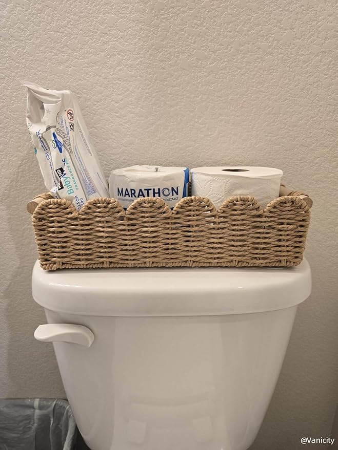 CubesLand Paper Rope Scalloped Edge Decor Baskets for Home, Living Room, Bedroom, Toilet Basket for Over Toilet Storage Shelf, End Table, Shelves and More, Both Storage&Decor, Set 2 Neutral