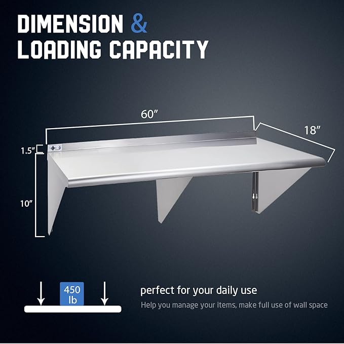 Profeeshaw NSF Stainless Steel Shelf 18” x 60”, 450 lb Commercial Shelves Wall Mounted Metal Shelving with Backsplash and 2 Brackets for Restaurant, Bar, Utility Room, Kitchen and Garage