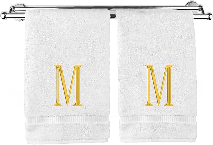 Monogrammed Hand Towel, Personalized Initial Gift, Extra Absorbent 100% Turkish Cotton - Soft Terry Finish - Set of 2 - Gold Block Initial M - Embroidered on White Towels