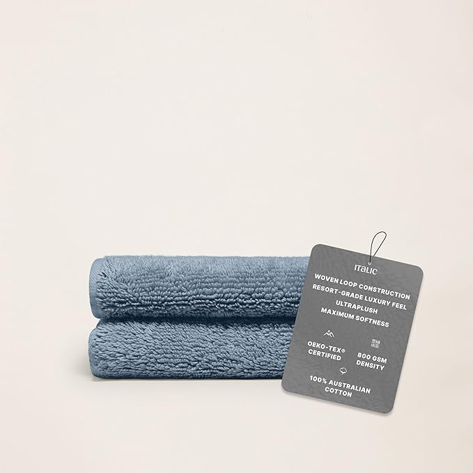 Italic Ultraplush 100% Australian Cotton Washcloths - Set of 2 Luxury Plush Face Wash Cloths, Soft and Absorbent 800 GSM Washcloth for Bathroom, Spa, Gym, Face and Body (Glacier)