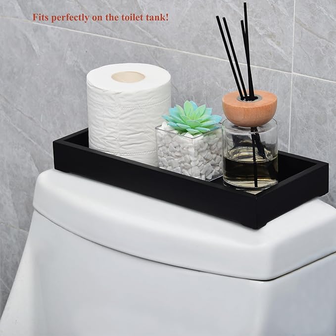 Farmhouse Wooden Vanity Tray with Soap Tray, Toilet Top Organizer, Ideal for Bathroom Toilet Tank (Black, 4.8" W11.5 Lx1.2 H)
