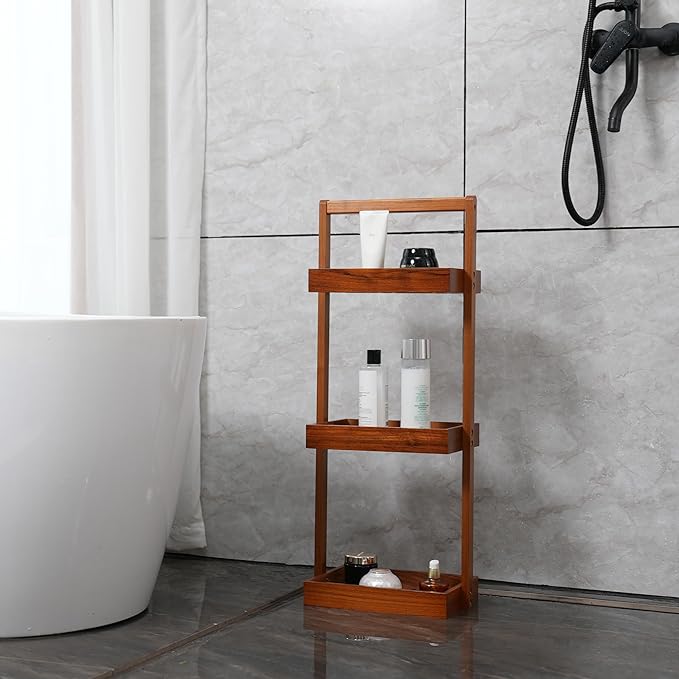 Utoplike Teak Shower Caddy Corner, 3 Tier Standing Shower Organizer Shelf with Handle, Wood Bathroom Stand Up Caddy Basket for Shampoo, Rack for Inside Shower, Bath, Office, Kitchen Desktop