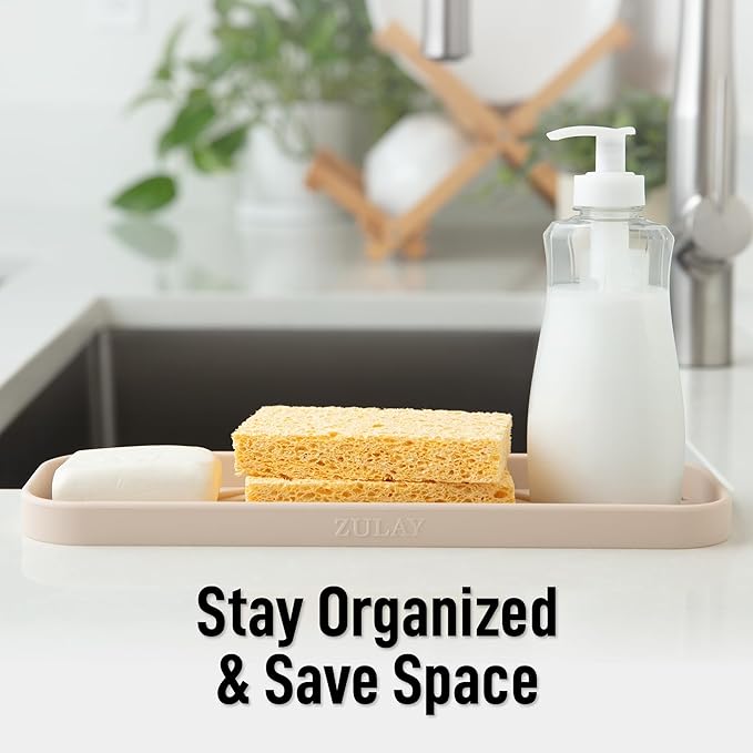 Zulay Kitchen Large Silicone Sponge Holder (12x4) – Flexible Sink Organizer Tray for Kitchen & Bathroom – Multipurpose Soap Dish for Sponges, Makeup, Trinkets & More (Ivory)