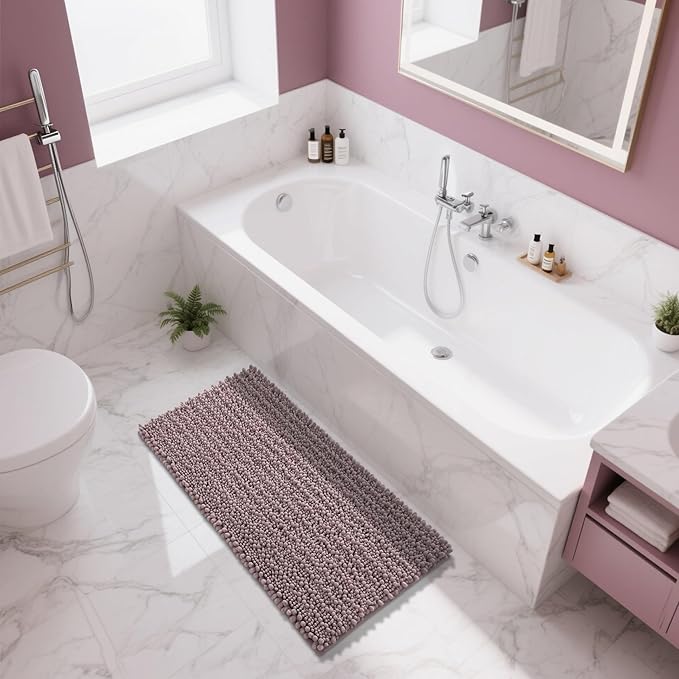 Yimobra Long Bathroom Rugs Non Slip Washable 44x24 Inch - Ultra Soft Absorbent Chenille Bath Mat, Quick Dry Shaggy Floor Carpet for Tub Shower, Mauve Home Decor Accessories