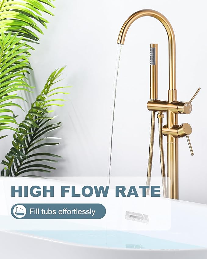 Freestanding Bathtub Faucet Brushed Gold, Floor Mount Tub Filler, High Flow Brass Shower Faucets with Handheld Sprayer for Bathroom