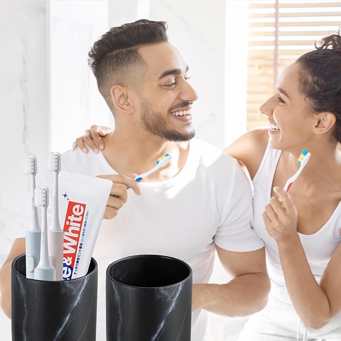 Marble Black Toothbrush Holders for Bathrooms - 2 Cups Ceramic Toothbrush Toothpaste Holders Set, Bathroom Tumbler Cups Reusable Toothbrush Cup Black Mouthwash Cup, Bathroom Counter Organizer