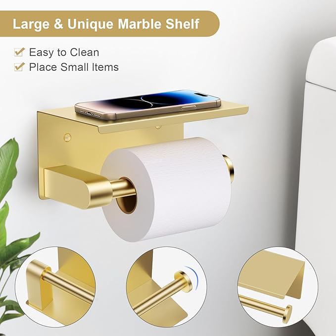 5-Piece Towel Bar Set Brushed Gold Bathroom Hardware Accessories Set Upgraded Toilet Paper Holder with Shelf Towel Holder Set for Bathroom Stainless Steel Wall Mounted