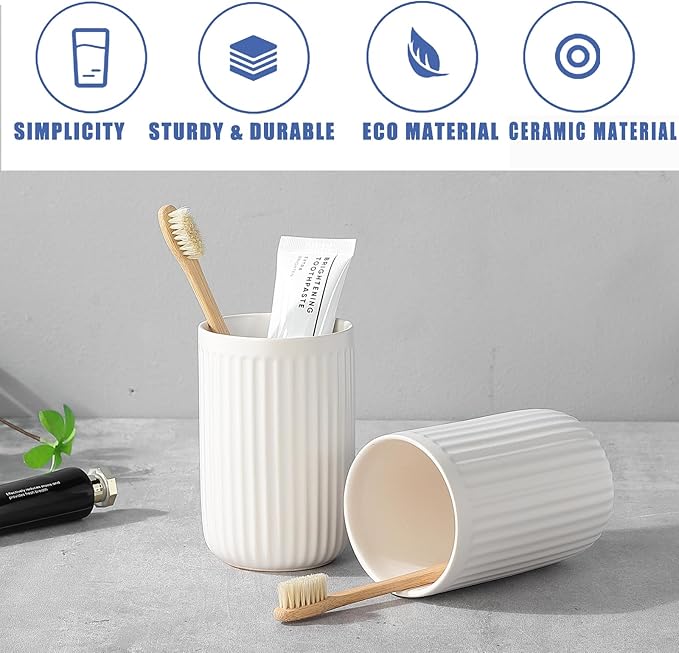White Toothbrush Holders for Bathrooms - 2 Cups Ceramic Toothbrush Toothpaste Holders Set, White Bathroom Tumbler Cups Reusable Toothbrush Mouthwash Cup, Bathroom Counter Organizer.