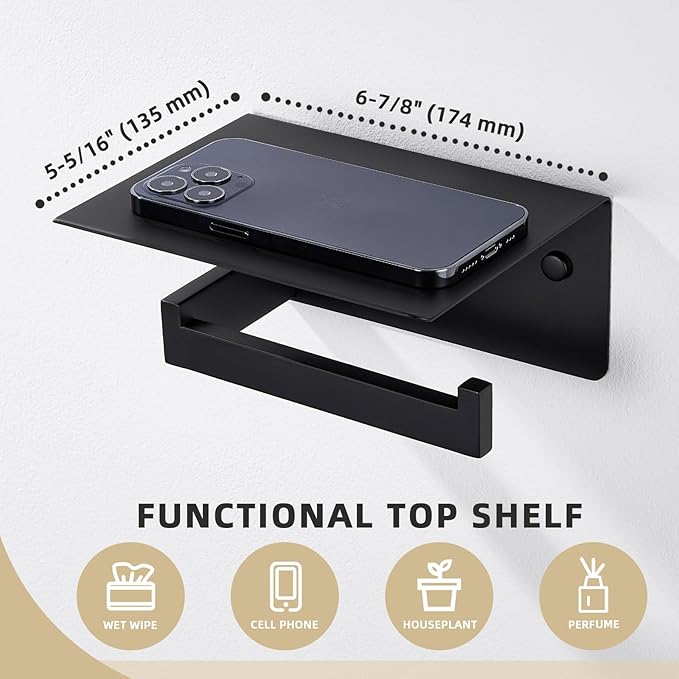 Angle Simple Toilet Paper Holder with Shelf Matte Black, 304 Stainless Steel Lavatory Tissue Roll Holder for Wall