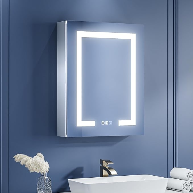ExBrite Lighted Medicine Cabinet with Mirror, 20 x 26 Inch, Recessed or Surface led Medicine Cabinet, Defog, Stepless Dimming,Color Temperature Change,2 Outlets,Built-in 6000K Sensor Light,Left Hinge