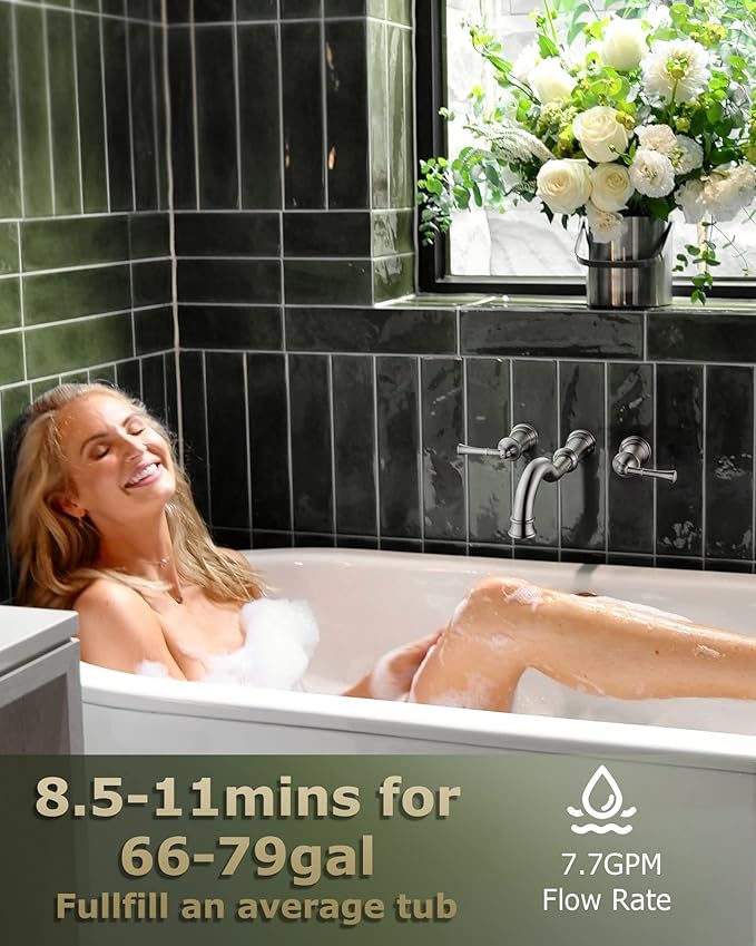 Roman Bathtub Faucet Wall Mount Widespread Tub Filler with Rough-in Valve 3 Holes 2 Lever Handle Elegant Classic Spout for Bathroom, Brushed Niickel