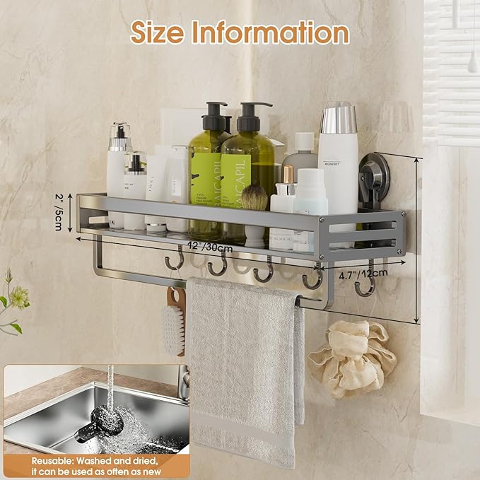 Shower Caddy Suction Cup, 11.8 inch Suction Shower Shelf with Hooks NO-Drilling Bathroom Holder, Rustproof Bathroom Organizer, Dark Grey