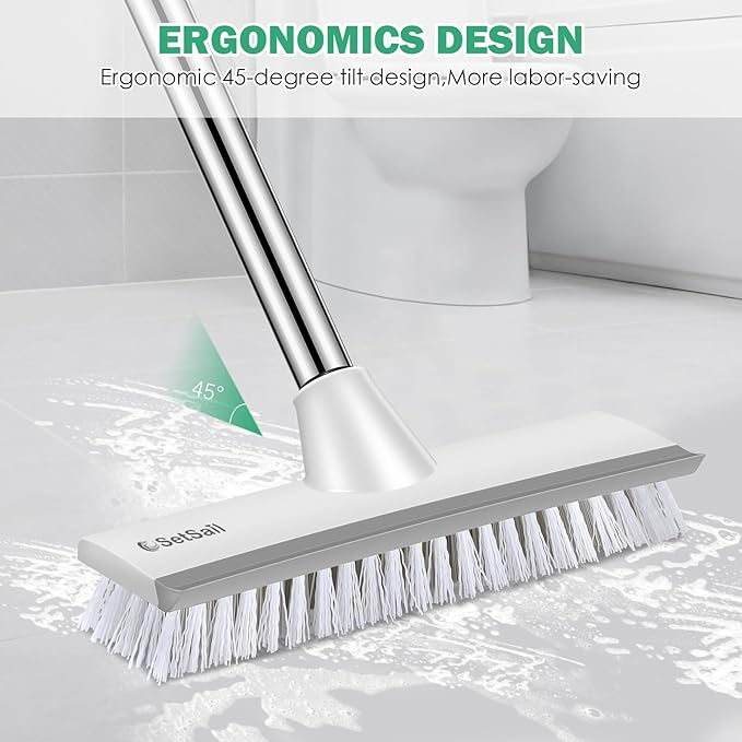 SetSail Floor Scrub Brush with 51-Inch Long Adjustable Handle 2 in 1 Scrape Brush Stiff Bristle Floor Scrubber for Cleaning Shower Bathroom Garage Kitchen Wall Deck Tub Tile