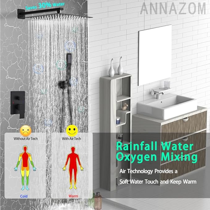 Rainfall Shower System Matte Black Shower Faucet Set with High Pressure 12inch Shower Head Hand Held Square Shower Head Bathroom Luxury Rain Mixer Shower Complete Combo Set Wall Mounted