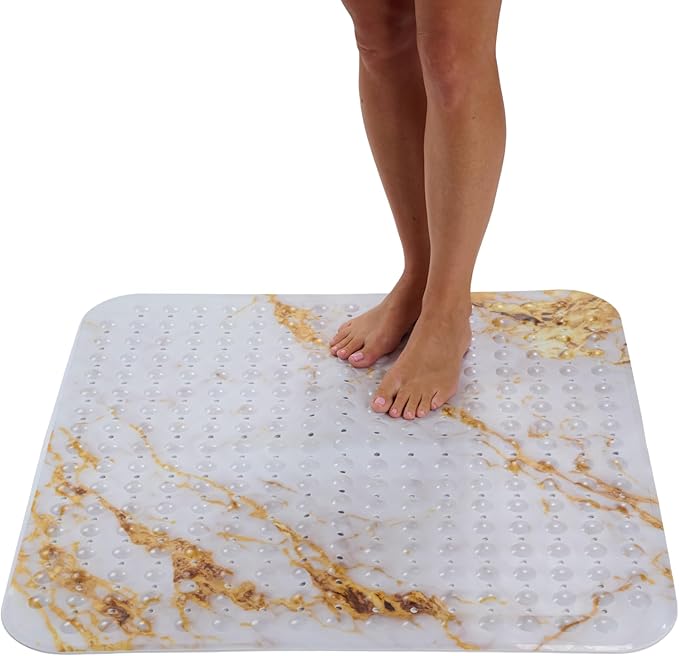 ENKOSI Extra Large Square Non Slip Shower Mat - 31 x 31-inch XL Bathroom Shower Mat - Square Shower Matts for Shower Stall Floors | Secure Suction Cups and Drain Holes (31x31 Marble White Gold)