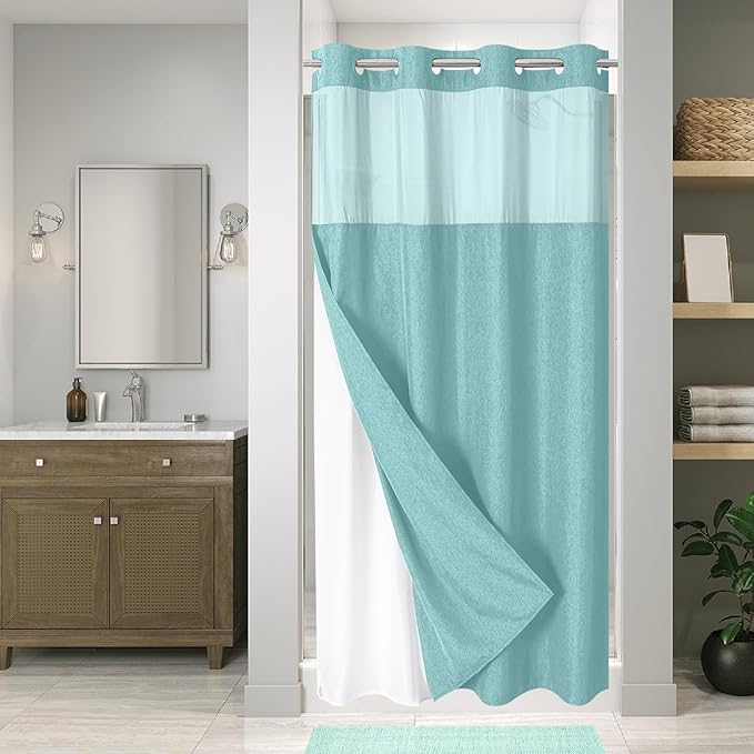Stall No Hooks Needed Linen Textured Shower Curtain with Snap-in Fabric Liner Set,Hotel Luxury Decor Farmhouse Shower Curtains for Bathroom,Waterproof & Washable,54Wx80H,Teal