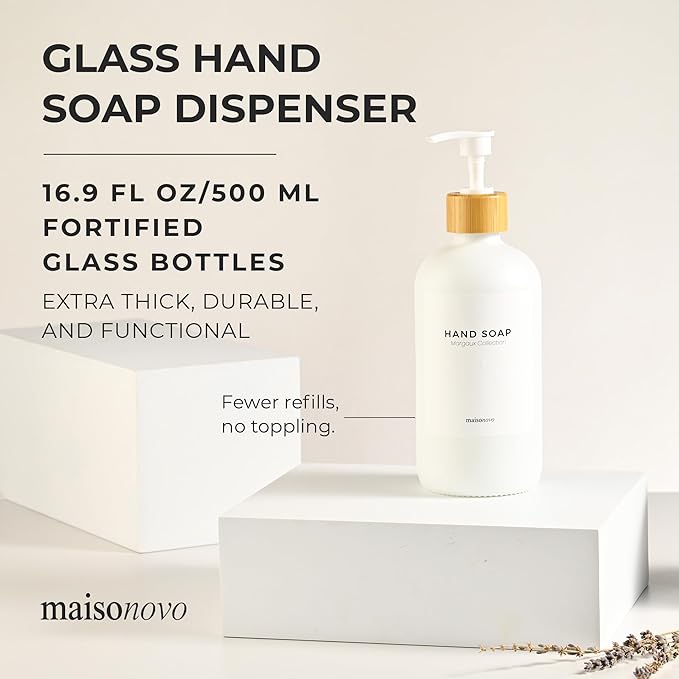 MaisoNovo Glass Hand Soap Dispenser | Dish Soap Dispenser for Kitchen | 16.9oz White Bottles with White Bamboo Pump | Bathroom Lotion Dispenser