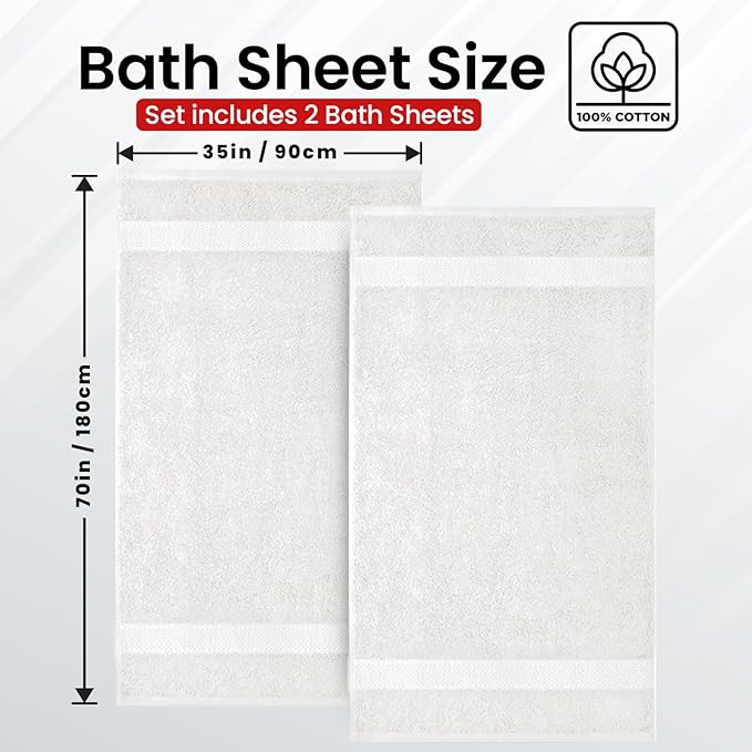 Infinitee Xclusives– Luxury Bath Sheets Towels – 2 Pack 600 GSM (35X70 Inches)– 100% Ring Spun Cotton Large Bath Towels for Bathroom (Brilliant White, Bath Sheet Pack of 2)
