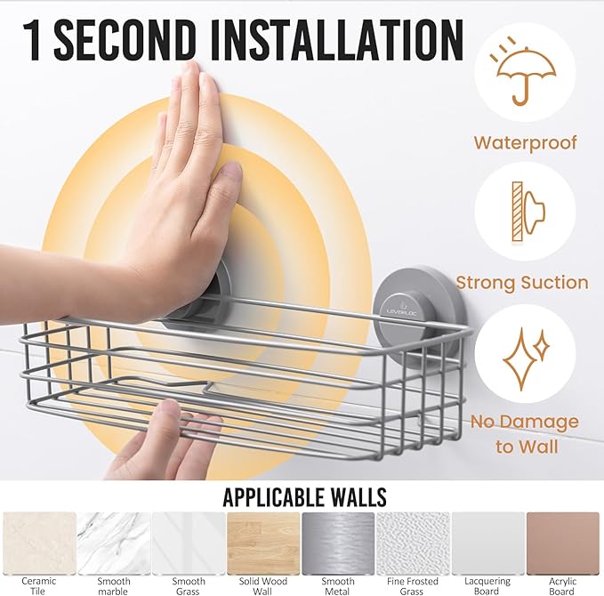 LEVERLOC Shower Caddy Suction Cup, 2 Pack Shelves for Inside with Hooks and Soap Holder, NO-Drilling Bathroom Holder, Rustproof Meatl Bathroom Organizer, Grey