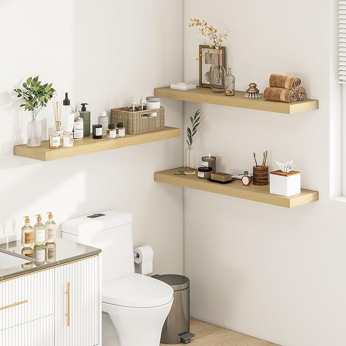 Vivelove 12 Inch Deep Floating Shelves 36 inch Long, 2 Inch Thick Wall Shelves with Invisible Brackets, Shelf for Bedroom Bathroom Living Room Kitchen Office Home Decor, Modern Shelf Set of 2, Oak