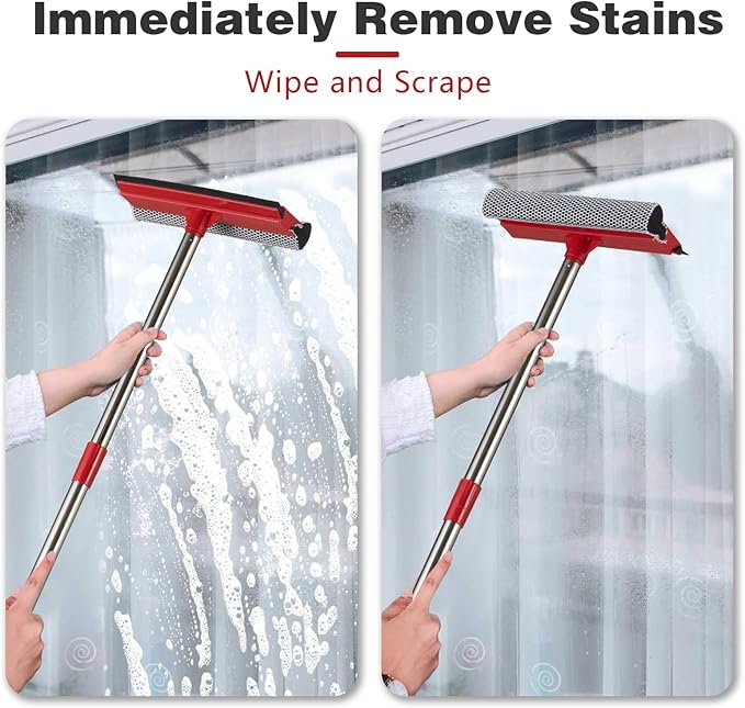 15.9" Window Squeegee for Car,2 in 1 Window Cleaner with Long Stainless Steel Handle,Sponge Car Squeegee for Gas Station, Glass,Shower,Outdoor High Window Cleaning