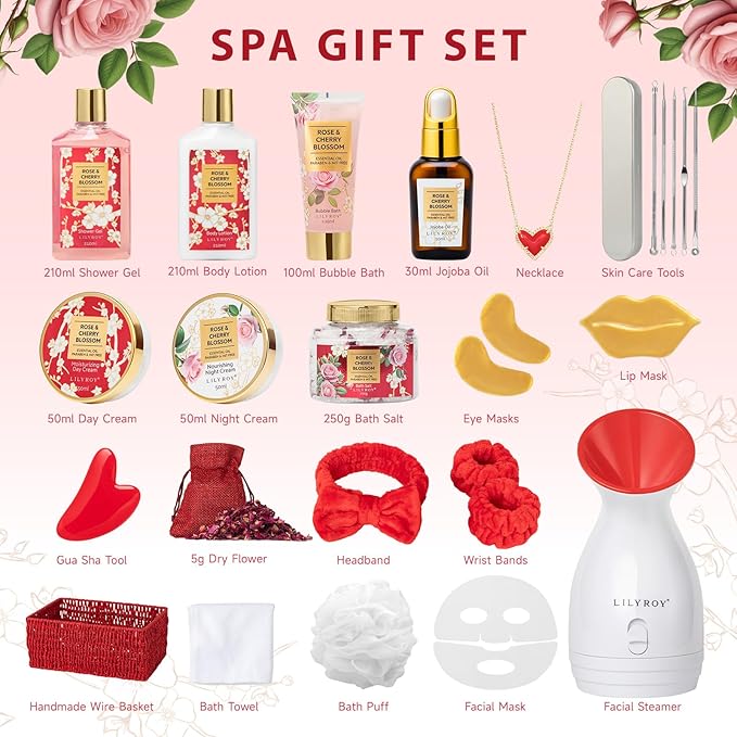 Christmas Gifts for Women - 27 Pcs Bath and Body Gifts Basket Set - Rose Spa Gifts Set Skin Care Set for Women, Gift Baskets Set for Mothers Day Mom | Gifts for Birthday, Valentines Day