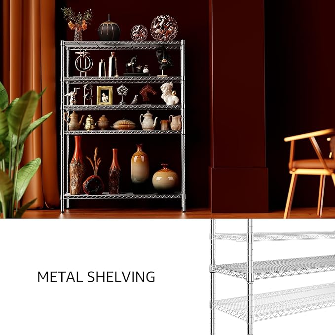 IZEUK 4250 LBS Garage Shelving Wide Storage Shelves 5 Tier Metal Shelves Heavy Duty Adjustable Utility Shelf Rack Chrome 17.7" D x 47.2" W x 70.4" H