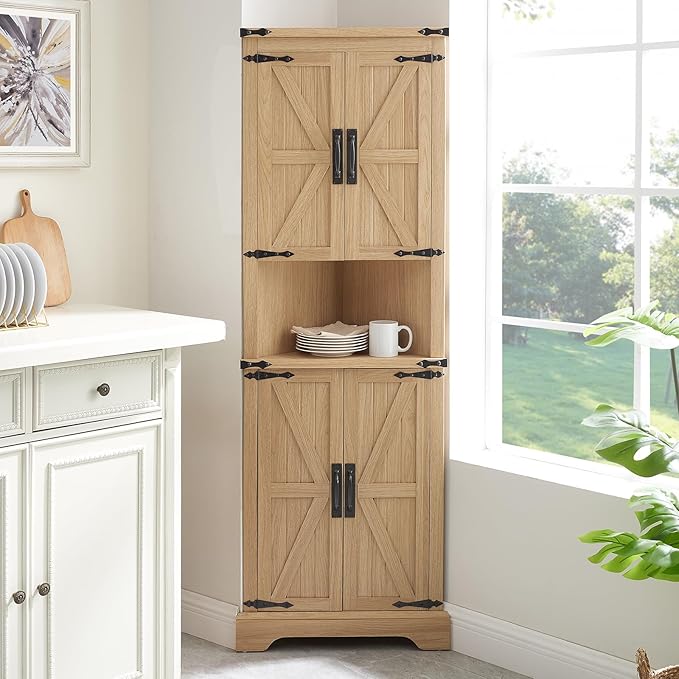Tall Farmhouse Corner Cabinet with 4 Doors and Adjustable Shelves, Farmhouse Storage Cabinet with Barn Door Design, Home Space Saver for Living Room, Kitchen, Laundry Room (Natural Oak)