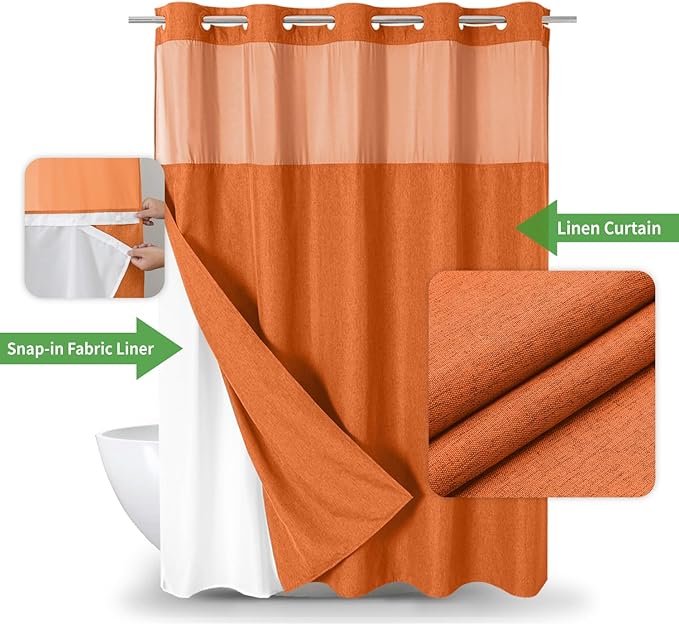 No Hooks Needed Linen Textured Shower Curtain with Snap-in Fabric Liner Set,Hotel Luxury Decor Waterproof Shower Curtains for Bathroom with Mesh Top Window,Washable,71Wx74H,Burnt Orange